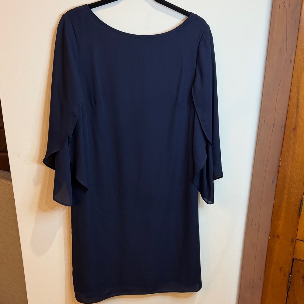 AGB Navy Long Sheath Chiffon 3/4 Flutter Sleeve Dress, 6-Evening, Cocktail, Chic
